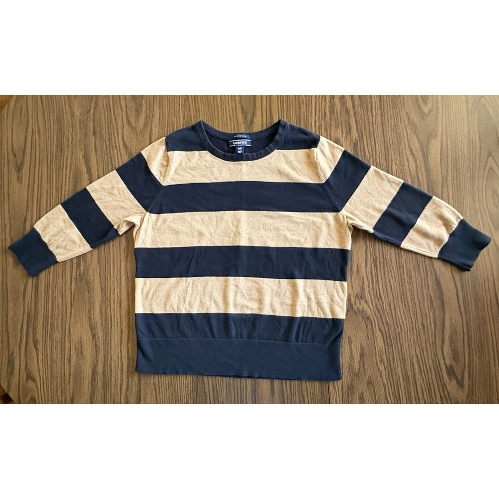 Lands' End Supima Cotton Sweater Women's L/P 14-16 Navy Tan Stripe 3/4 Sleeve